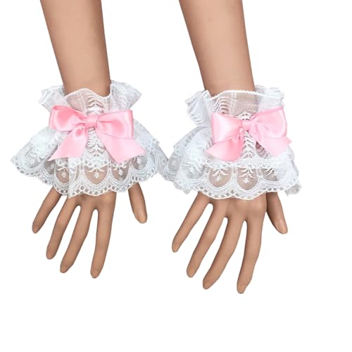 HONGCAUP Lace Gloves for Women Pink Ruffled Floral with Pink Bow Elastic Hand Sleeves Wrist Cuffs Vintage Lolita Style Wedding Masquerade Halloween Party Accessory