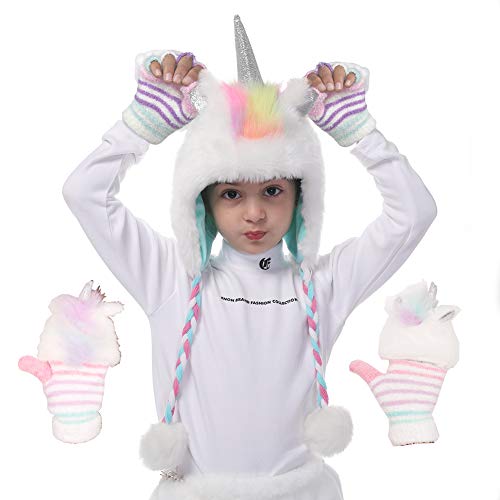 Unicorn Faux Fur Hoodie Hats For Girls With Winter Gloves As Birthday Gifts White #TOP27