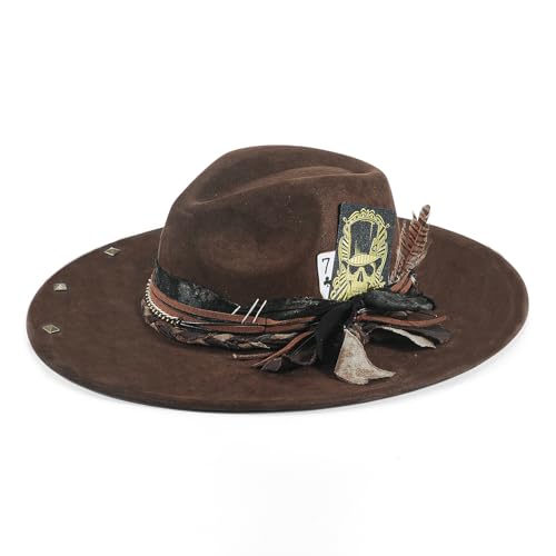 H.Busque Wide Brim Fedora Hat for Men Women Retro Western Felt Hats Brown