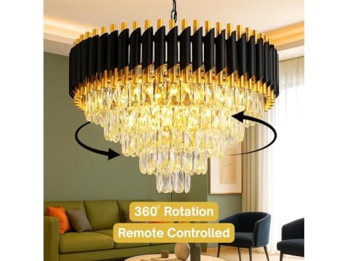 Image of Modern Black & Gold Crystal Moving Chandelier, 500mm (50 Cm. (19.6 Inch) Round LED Pendant Light with Remote Control, Multicolour changing ,Luxury Contemporary Ceiling Light Fixture For decoration A