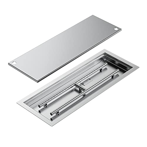 Skyflame Rectangular Stainless Steel Drop-in Fire Pit Pan and Burner with Burner Cover, 24 by 8 Inch Burning Area