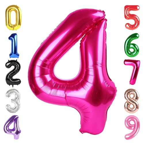 Image of 40 Inch Hot Pink Number 4 Balloon, 4th Birthday Party Decorations | 40 Inch Hot Pink inflatable foil number balloons, large birthday decorations for 4th birthday