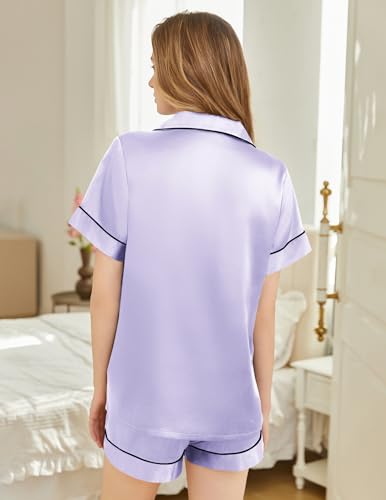 Image of Silk Pajamas for Women Short Sleeve Sleepwear Soft Button Down Loungewear 2 Piece Satin Pjs Shorts Set S-XXL