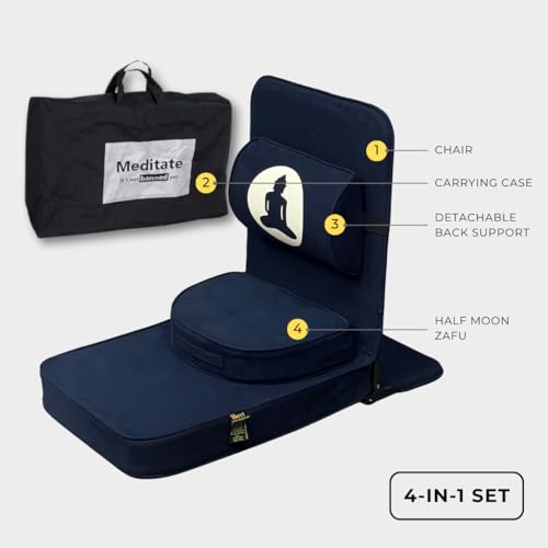 Image of Friends Of Meditation 4-in-1 Folding Buddha Chair - Ergonomic Yoga Seat with Half-Moon Zafu, Detachable Lumbar Support & Carry Case - Navy Blue