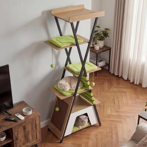 Tangkula 73 Inch Tall Cat Tree, Modern Wood Cat Tower with Scratching Pad, Extra-Large Perch & Removable Washable Mats, 3 Pompoms, Multi-Level Cat Furniture for Indoor Cats Large Adult (Green)