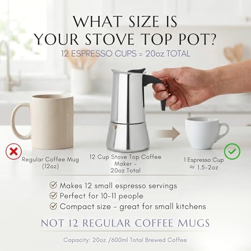 Image of Mixpresso 12 Cup Greca Moka Pot, Stainless Steel Stovetop Espresso Maker | 600ml /20oz Italian stovetop coffee maker with classic percolator design, ideal for preparing coffee at home or while camping