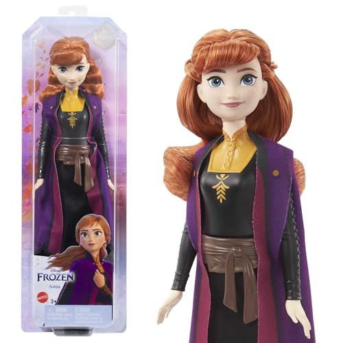 Mattel Disney La Reine des Neiges 2 Poupée Anna avec tenue emblématique, chaussures, jupe, cape en tissu et accessoires, Jouet Enfant, Dès 3 ans, HLW50