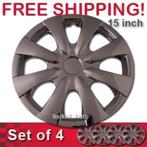 Set of 4 Chrome 15 Inch Universal 8 Spoke Replica of Toyota Corolla Hubcaps with Clip Retention System - Aftermarket: IWC450/15C
