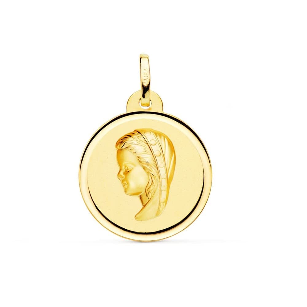 Virgen Niña medalla oro 18k Primera Comunión colgante 20mm. bisel liso