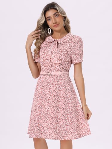 Image of Allegra K Women's Peter Pan Collar Tie Neck Short Sleeves A-Line Elegant Belted Vintage Floral Dress