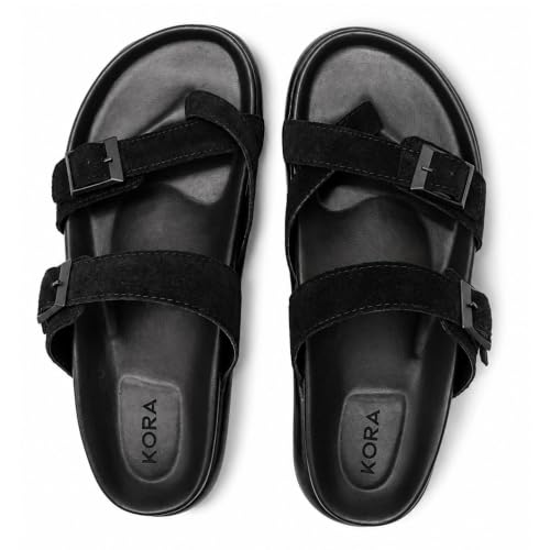 Image of KORA Black Suede Slide Sandals with Double Buckle Straps - KS-HY-01