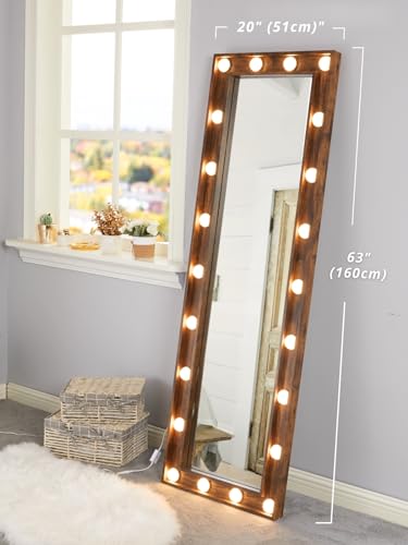 LUXFURNI 64\" x 20\" Full Length Mirror with Lights, Full Body Mirror with 22 LED Bulbs, Large Standing Floor Mirror, Wall Mounted Mirror Dimmable & 3 Color Lighting for Bedroom (Rustic Brown)