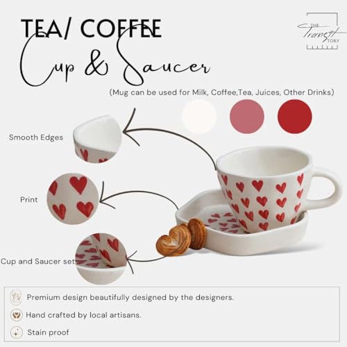 Image of Ceramic Cup and Saucer Set of 2 | Designer Coffee Tea Cups with Matching Saucers | Heart Print Ceramic Mugs for Hot Beverages | Stylish Stoneware Multi-Purpose Cup Saucer | White