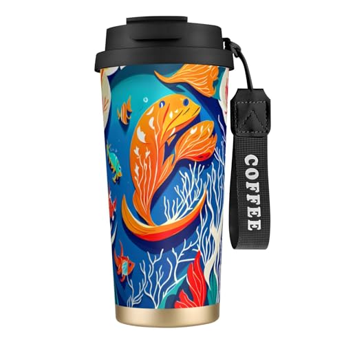 ERSDWRE Vaso de café aislado colorido con estampado de peces marinos tropicales, taza de viaje con pajilla, tazas de café al vacío, botella de agua para oficina