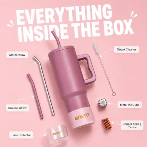 Image of enem Tumbler, Rose Dusk, Tumbler with Metal Straw, Sipper, with Lid Leak Proof, 1 Metal Ice Cube, 1 Copper Spring (Tamba), Base Protector (Black /White), Mug Travel, 1.2L