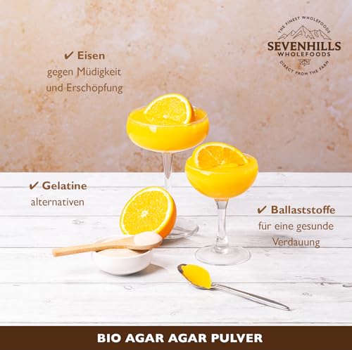 Agar Agar Pulver Bio 100g, Veganes Gelatinepulver, Vegane Gelatine, Glutenfrei, Sevenhills Wholefoods, für Tortencreme, Dessert, Mousse & Marmelade, kalte oder heiße Verarbeitung