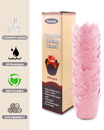 220pcs Tulip Cupcake Liners for Baking Cups,Greaseproof Cupcake Wrappers in Standard Size,Parchment paper Tulip Muffin Liners,Pink