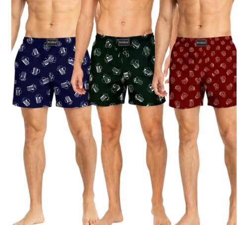 Image of Men's Ultralight Cotton Printed Boxer Shorts | Regular Fit | Soft Cotton Fabric with Microfibre Waistband for All-Day Comfort (Dark Blue-Green-Maroon-L)
