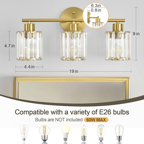 Image of Modern Gold Crystal Bathroom Light Fixtures,3-Light