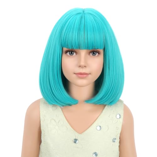 Image of PATTNIUM Kids Teal Blue Bob Wig with Bangs Short Blue Wig for Girls Light Blue Wig Cosplay Costume Hair Wigs Synthetic Wig