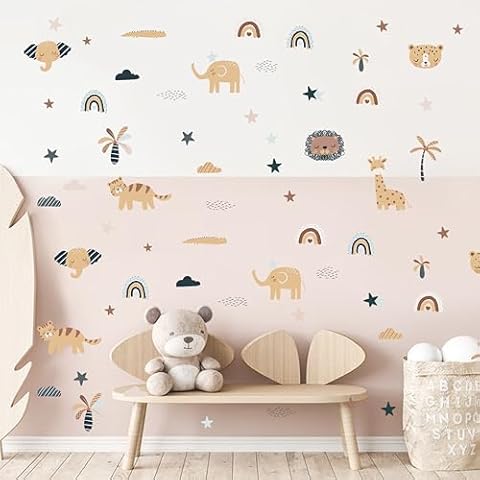Vgaruint Cartoon Watercolor Nursery Sticker - Boho Cute Cartoon Safari Animals Elephant Rainbows Star Nursery Wall Stickers for Kids Rooms Living Room Decor Cover