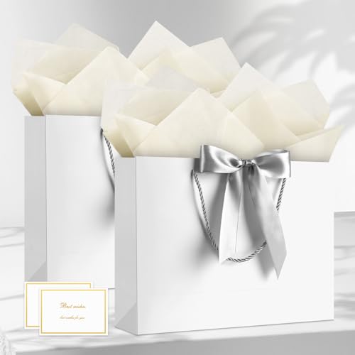 Image of JMANNI White Gift Bags with Handles, 13 inch Medium Gift Bag for Presents, 1 Pcs Bags with 2 Tissue Paper and 1 Cards for Graduation Wedding Men Birthday Anniversary 4th of July Bachelor Party Decorations