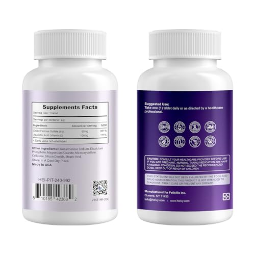 Image of Heivy Ferrous Sulfate 325mg, Iron 65mg, Iron with Vitamin C - High Potency Iron Supplement for Women & Men - Premium Pure Ingredients, Gentle on Stomach, 240 Tablets, Made in USA