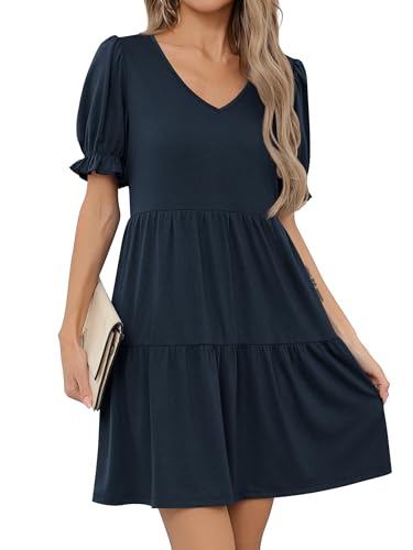 Missufe Damen Sommerkleid A Linien V-Ausschnitt Babydoll Skaterkleid Rüschenkleid Puffärmel Kurzarm Swing Freizeitkleider (Pfauenblau, Small)