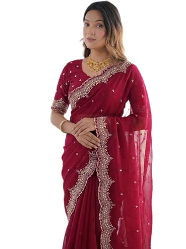 Image of SIRIL Women's Shimmer Georgette Scalloped Border Sequins Embroidery Saree with Unstitched Blouse Piece