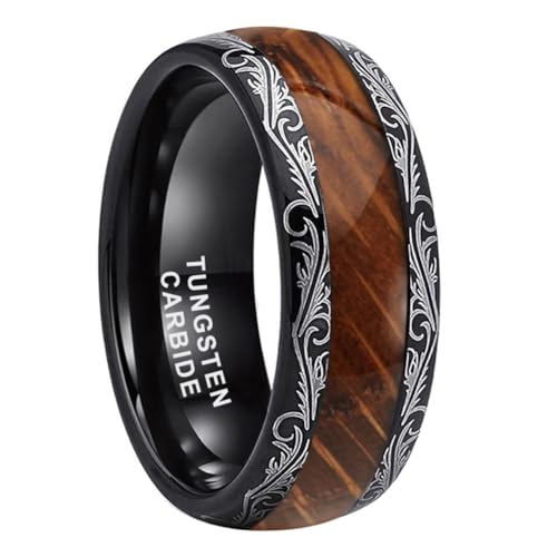 8mm Black Tungsten Rings for Men Women Whiskey Barrel Wood Inlay Vintage Baroque Frame Leaf Engagement Wedding Promise Band Domed Polished Shiny Comfort Fit