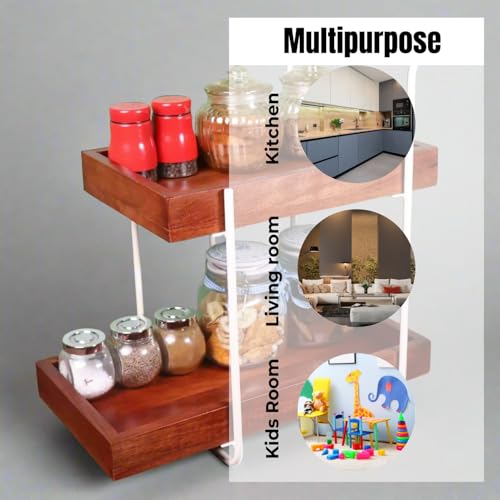 Image of Woodnest Wooden kitchen Organizer Shelf with 2 Spacious Compartments, Easy Kitchen Grocery Organiser, Organizer, Kitchen Spice Racks and Storage, Ivory & Brown,1Pc - (44L x 23W x 41H cm)