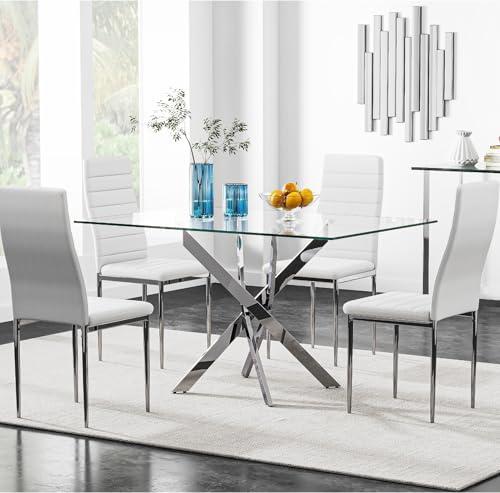 GOLDFAN Esstisch Set mit Glas Esstisch und 4 Weiß...