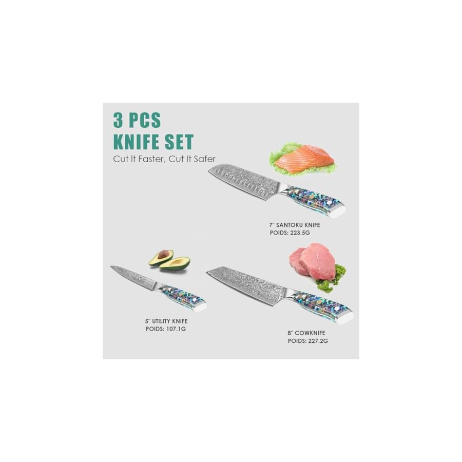 KEENZO Damascus chef knife set 3 pcs, Professional kitchen knives set, Chef+Kiritsuke+Utility Knives 3pcs,kitchen knife set, Japanese hand forged VG-10 steel cooking knife set