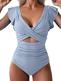 B2prity One Piece Swimsuits for Women Ruffle Sleeve V Neck Bathing Suit Tummy Control Cutout Monokini Slimming Swimwear