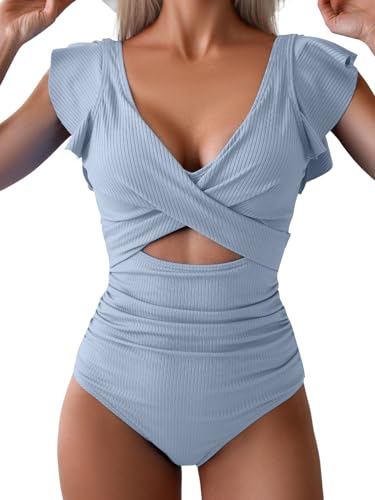 B2prity Women's One Piece Swimsuit Ruffle Cutout Bathing Suits Slimming Tummy Control V Neck Wrap...