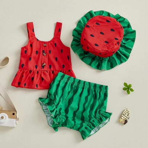 Emmababy Baby Girl Watermelon Outfit with Hat Smocked Ruffle Tank Top Shorts Set Infant Fruit Outfit Toddler Summer Clothes4