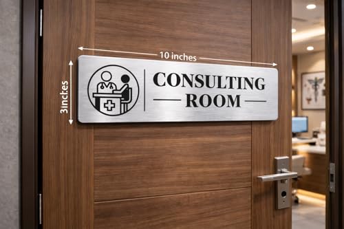 Image of Brushed Silver PVC Office Sign with Double-Sided Tape | Durable 10x3 Inch Signage for Clinics, Malls, Gyms & Hospitals - Available in Silver & Gold (Brushed Silver /, Consulting Room)