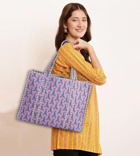 Image of Cotton Tiger Block Print Tote Bag, Indian Handmade Shopping Shoulder Bag, Unisex Market Daily Use