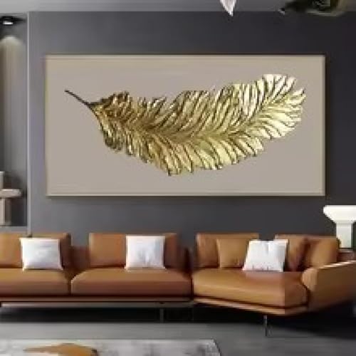 Peinture à l'huile sur toile moderne de plumes dorées pour salon chic