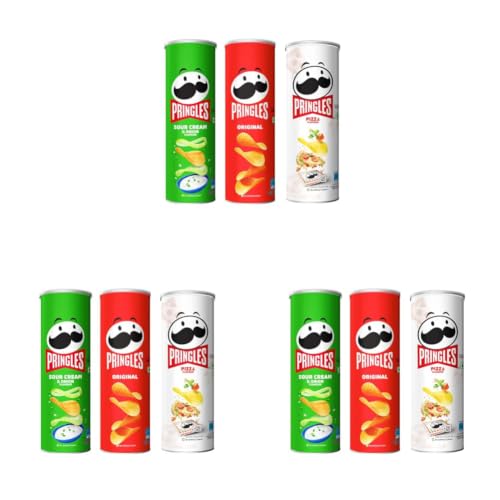 Image of Kellogg's Pringles Potato Chips Combo, 316 grams | Combo of Original (107g) + Sour Cream & Onion (107g) + Pizza (102g) | Crispy Snack for Movie Night & Sports Binging | On-the-Go Can (Pack of 3)