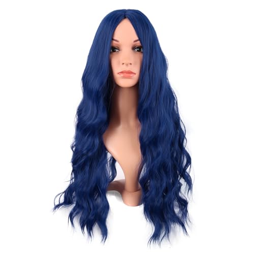MapofBeauty 28 Pouces/70 cm Longue Wavy Middle Part Synthétique fibre Bouclé Cheveux Remplacement Quotidiano Perruques (Mélangé Bleu)