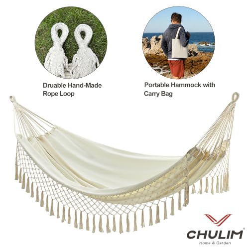 Image of Brazilian Double Hammock with Tassels, King Size, 500 lb Capacity | Soft Woven Cotton Fabric Handcrafted Macrame Tassels 102 x 71 in, 2-Person Hammock for Outdoor Natural White with Tassels