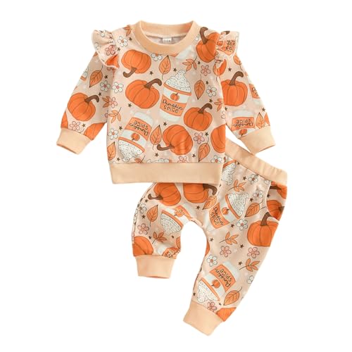 Beauace Baby Girl Halloween Outfit Pumpkin Print Fly Sleeve Sweatshirt and Pants Toddler Girls Clothes (Orange, 6-12 Months)