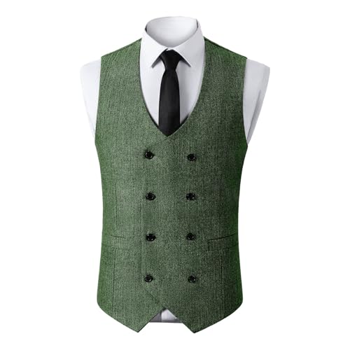Men's Herringbone Tweed Suit Vest Vintage Button Down Blazer Formal Wool Blend V Neck Waistcoat for Groomsman
