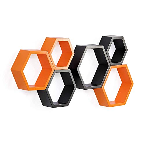 Image of BAS Vampire Brown Art Shoppee Decorative Display with Hexagon Shape Set of 6 Floating Wall Shelves and Racks for Living Room (Black & Orange)