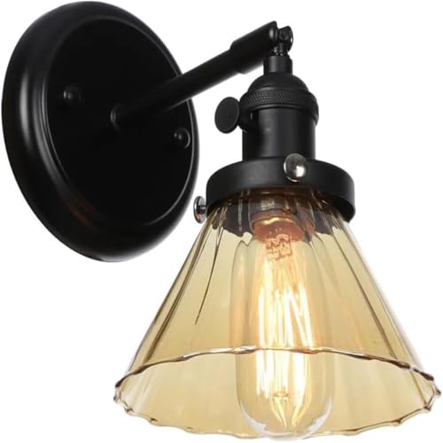 Aplique pared industrial vintage E27 con pantalla vidrio ámbar acampanado, lámpara pared con cuerpo hierro negro for dormitorio, sala estar, mesita noche