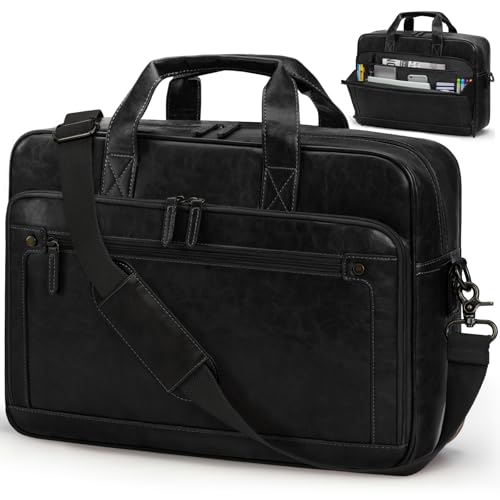 RAINSMORE Kurirväskor för män portfölj vattentätt läder laptopväska 16 tum vintage axelväska väska för arbete kontor affärer college, Svart, 43 cm x 13 cm x 31 cm