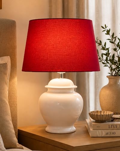 Image of Homesake Antique Ceramic Pot Shaped Base Table Incandescent Lamp With Shade, Vintage Night Incandescent Lamp Decoration, Home Decor Items | Pack Of 1 -Red