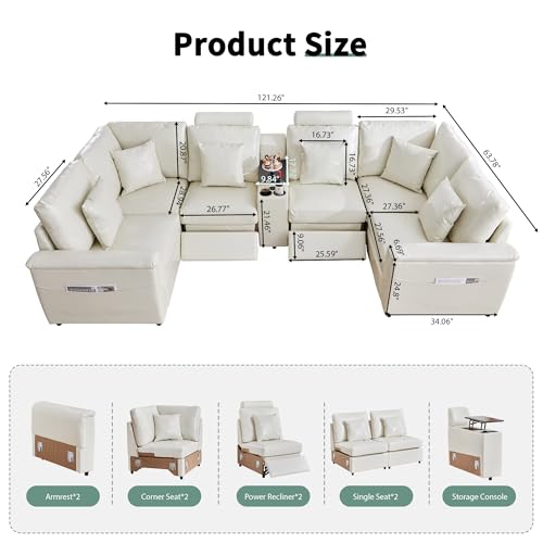 Image of RARZOE Faux Leather Sectional Sofa with 2 Power Recliner, U Shaped PU Leather Couch with Storage Console Charging Cup Holders, 6 Seater Oversized Modular Reclining Couches for Living Room,Beige