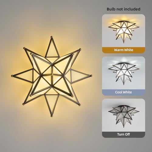 Image of Moravian Star Ceiling Light - 12.7 Inch Brass & Frosted Milk Glass, Black